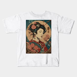 Vintage Rose Blossoms Japanese Woodblock Maple Streetwear Hipster Asian Inspired Retro Manga Samurai Alyssum Kids T-Shirt